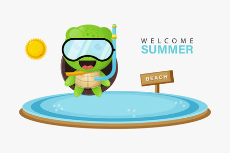 Cute turtle swimming on the beach with summer greetingsのイラスト素材