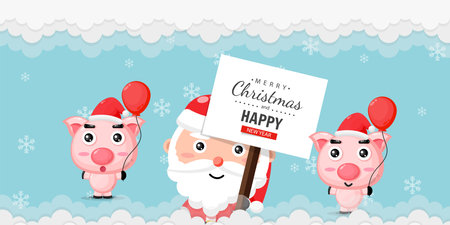 Merry christmas and happy new year greeting card with cute santa claus and pigのイラスト素材
