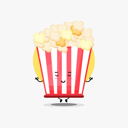 Cute popcorn character meditating in yoga poseのイラスト素材