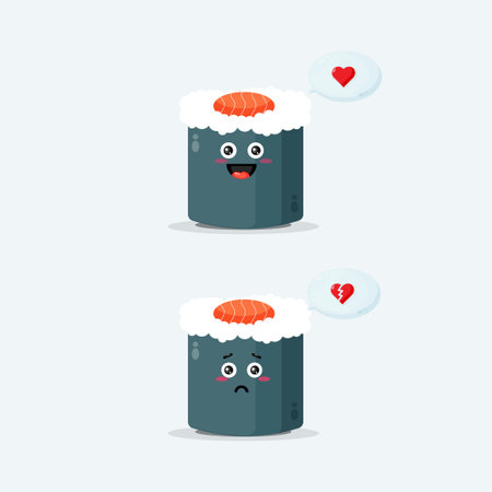 Cute sushi roll character with happy and sad expressionsのイラスト素材