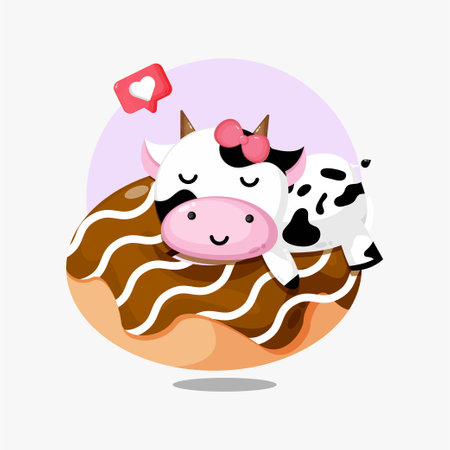 Cute cow sleeping on a donutのイラスト素材