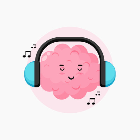 Cute brain character listening to musicのイラスト素材