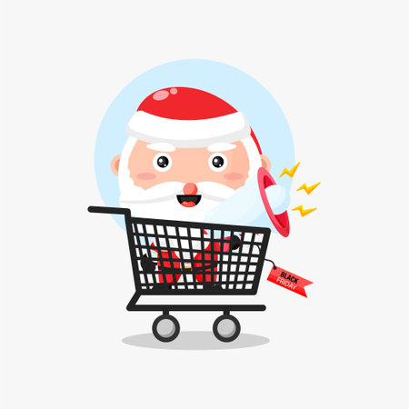 Cute Santa in black friday shopping trolley illustrationのイラスト素材
