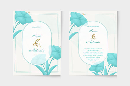 Wedding invitation template with blue floral watercolorのイラスト素材