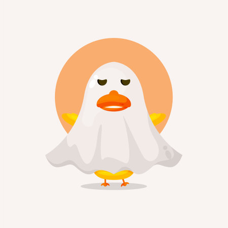 Cute duck in halloween ghost costume cartoon illustrationのイラスト素材