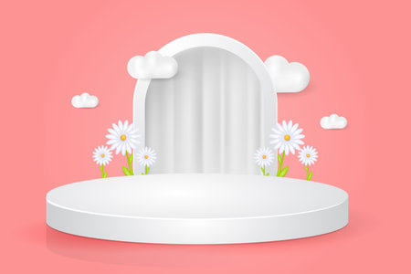 3d white podium with flower showcase illustrationのイラスト素材