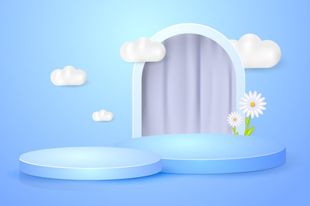 3d abstract scene background blue podium product presentation for mock up with curtainのイラスト素材