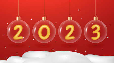 2023 Happy New Year, Golden number in realistic 3d vector Christmas glass ball hanging on ribbon, perfect for Christmas Posters, web banners and etcのイラスト素材