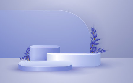 Round podium product scene and leaves with pastel blue background for cosmetic product presentation mockup showのイラスト素材