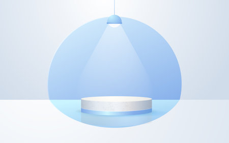 White background 3d scene, pastel blue round podium with hanging neon lights perfect for event promotion cosmetic product presentation mockupのイラスト素材