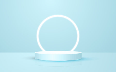 3d scene pastel blue round podium background with circle neon lights perfect for event promotion cosmetic product presentation mockupのイラスト素材
