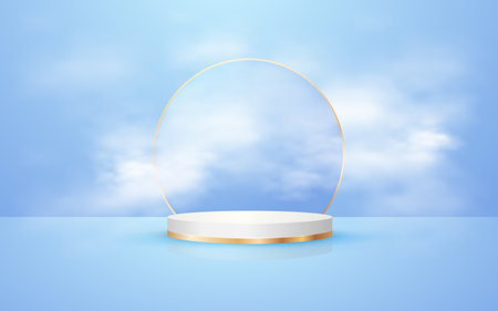 3d scene round podium pastel blue background with gold circle and realistic clouds for event promotion cosmetic product presentation mockupのイラスト素材