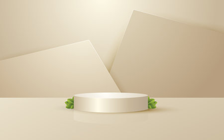 3d scene round podium soft cream background with geometric platform and leaves for event promotion cosmetic product presentation mockupのイラスト素材