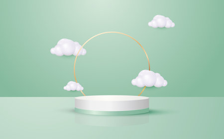 3d scene pastel green background round podium with gold circle and clouds perfect for event promotion cosmetic product presentation mockupのイラスト素材