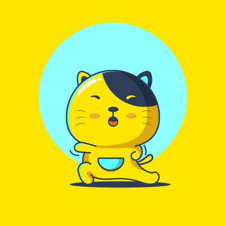 Cute yellow cat character cartoon in martial arts pose illustrationのイラスト素材