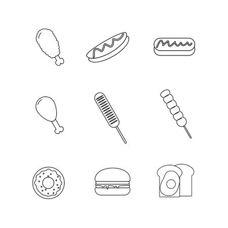 Junk food doodle line symbol sign icon collection. outline style. isolated illustrationのイラスト素材