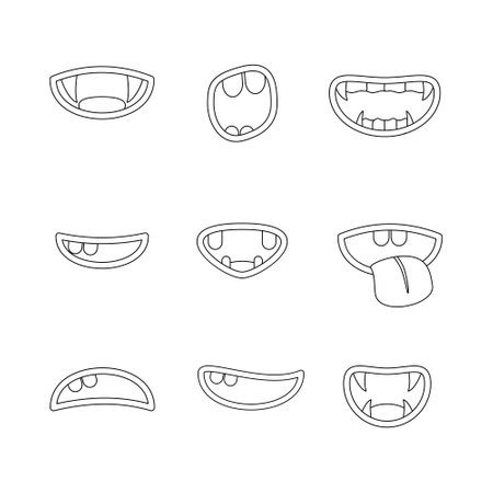 Mouth monster doodle line symbol sign icon collection. outline style. isolated illustrationのイラスト素材