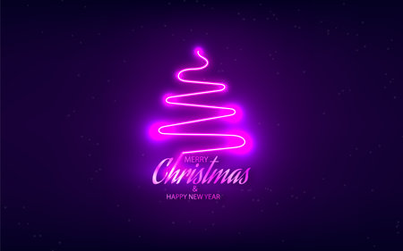 Glowing neon Christmas tree isolated purple backgroundのイラスト素材