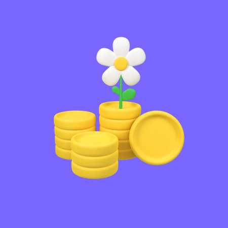 Flowers grow on a pile of gold coins isolated 3d render icon illustration