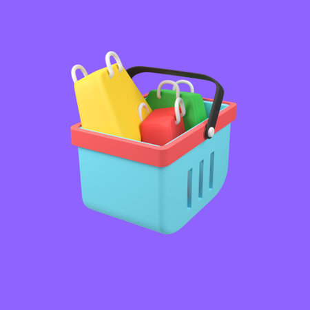 Shopping Basket with shopping bag isolated 3d render icon illustrationの写真素材