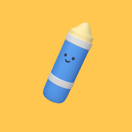 Blue crayon icon with smiley face isolated 3d render icon illustrationの写真素材