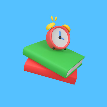 Books and alarm clock isolated 3d render icon illustrationの写真素材