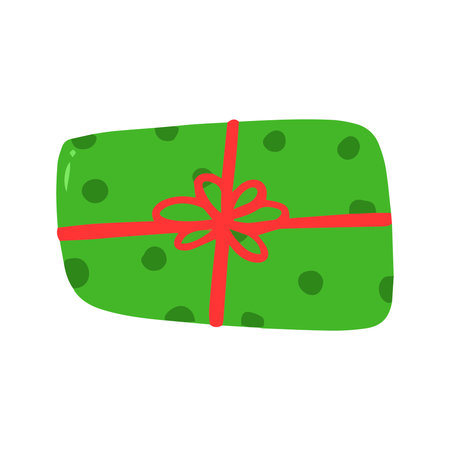 Green Polka Dot Christmas Gift Box with Red Ribbon Hand-Drawn Illustrationの写真素材