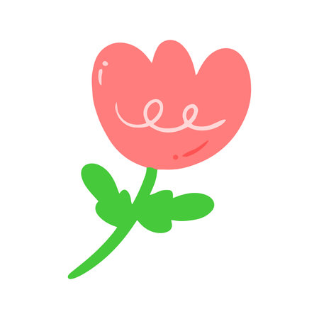 Cute Hand-Drawn Pink Tulip Flower with Green Stemの写真素材