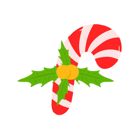 Red and White Candy Cane with Holly and Mistletoeの写真素材