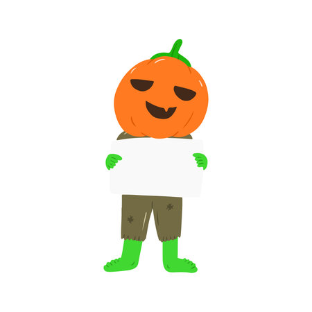 Friendly Pumpkin Man Character Holding Blank Signboard for Halloween Messageの写真素材