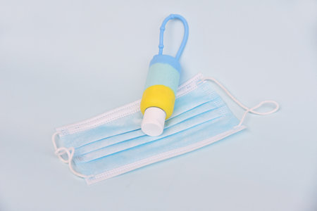 BALI,INDONESIA-JULY 17,2021: Hand sanitizer with yellow and blue color of cover, small size good use...