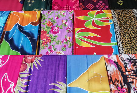 Colorful traditional cloth of "Sarong" with many kind of motiveの写真素材