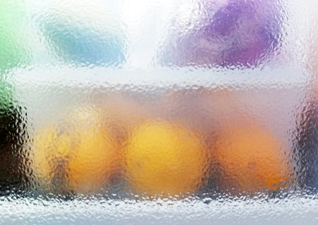 Water dew on the fridge's window,with some blurred fruits backgroundの写真素材