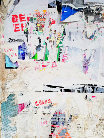 Bali,Indonesia - April 27 2022 : Old,weathered,dusty background,with full broken scratched paper brochure and advertisementのeditorial素材