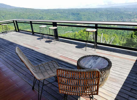 Wood terrace with beautiful views during nice weather and blue sky
