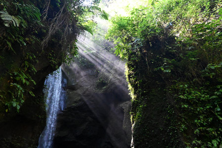 Goa Raja Waterfall, at Bangli regency of Bali, with beautiful green nature landscape surroundingsの写真素材