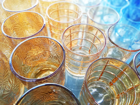 abstract background of empty glasses for wine, champagne or brandyの写真素材