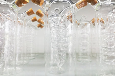 Empty glass bottles in a row with cork stopper in the backgroundの写真素材