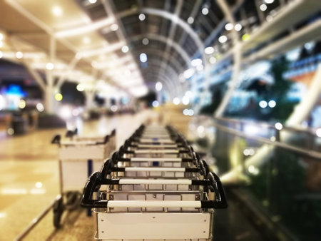 Group of baggage trolley at the airport, with blurry backgroundの写真素材