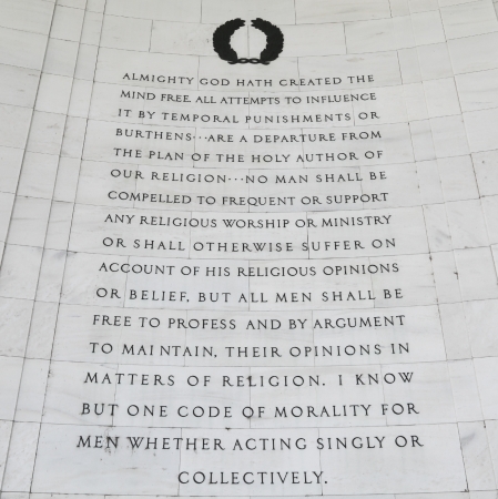 Inscription on the northwest quadrant of the Jefferson Memorial in Washington, DC.  Passages were selected from "A Bill for Establishing Religious Freedom" drafted in 1777 by Thomas Jefferson.の写真素材