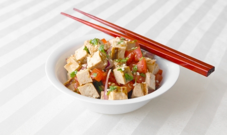 Tofu Salad - Grilled tofu tossed together with tomatoes, onions, and cilantroの写真素材