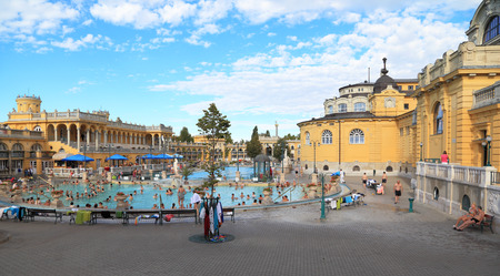 Budapest, Hungary - Sept 11, 2013  Tourists and locals alike enjoying the outdoor pools at the Szechenyi Bath のeditorial素材