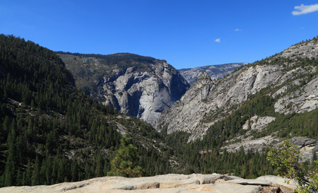 Looking west into Yosemite Valley from the edge of Nevada Falls, Yosemite National Park, California.の写真素材