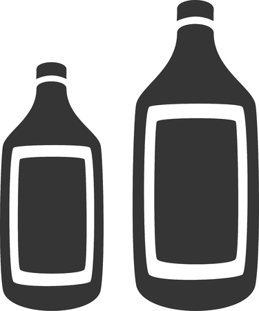 Two Bottles - Generic Plastic or Glass - Label Silhouette. Label, Sign or Icon for Medicine, Alcohol, Cleaner, Wine, Whiskey, Chemical, Water or Drink Supply. Container with Lid / Cap, Thin Lip and Neck, Broad / Wide Shoulder, Body and Base for Liquid.のイラスト素材