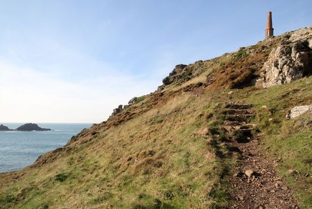 The path to the Sentinel chimney, erected in 1875, Cape Cornwall.の写真素材