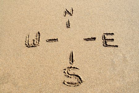 A compass guide drawn on a sandy beach.の写真素材