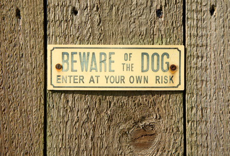 A beware of the dog sign on a wooden fence.の写真素材