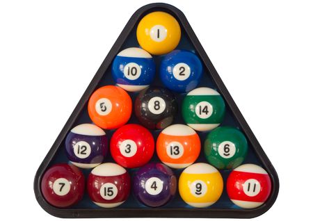 Spots and stripes pool balls triangle isolated on white.