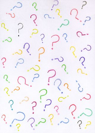 Lots of colorful question marks drawn with crayons on white paper.