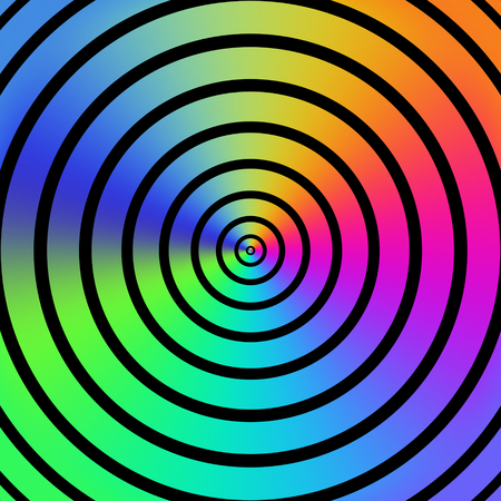 Graduated rainbow colours circles on black.の写真素材